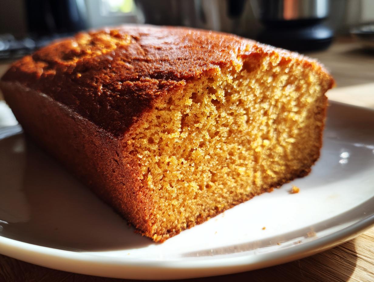 A close-up of a slice of moist spice cake on a white plate, with a golden-brown crust.
