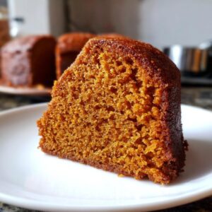 A close-up of a moist slice of spice cake on a white plate, showcasing its fluffy texture.