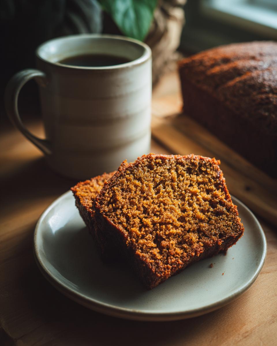 Two slices of moist spice cake on a plate next to a mug of coffee.