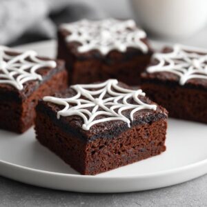 Close-up of fudgy spider web brownies on a white plate, decorated with white icing spider webs.