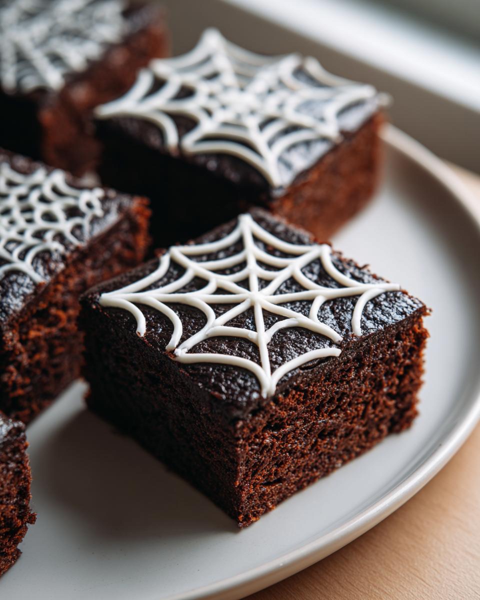 Close-up of fudgy spider web brownies, a perfect spooky Halloween treat.