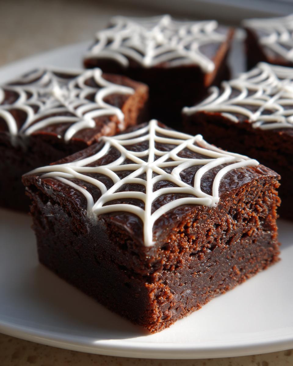 Close-up of fudgy spider web brownies, decorated with white icing spider webs.