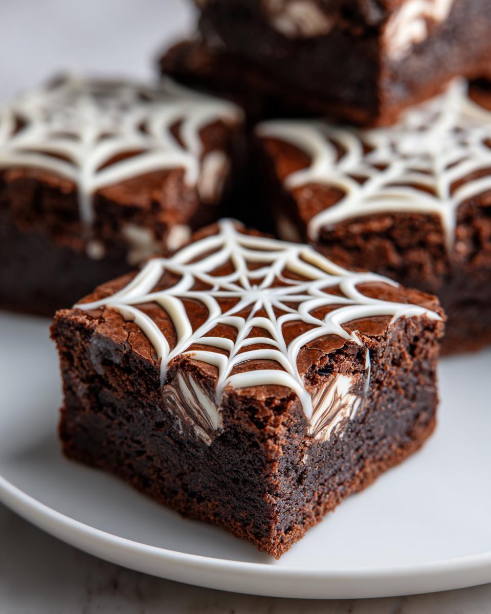 A close-up of a fudgy spider web brownie, decorated with white icing in a spider web pattern.