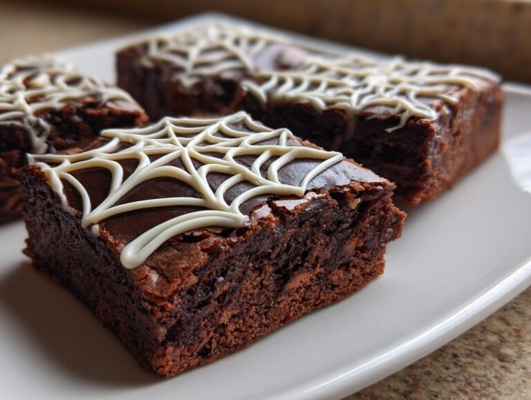 Close-up of fudgy spider web brownies decorated with white icing in a spider web pattern.