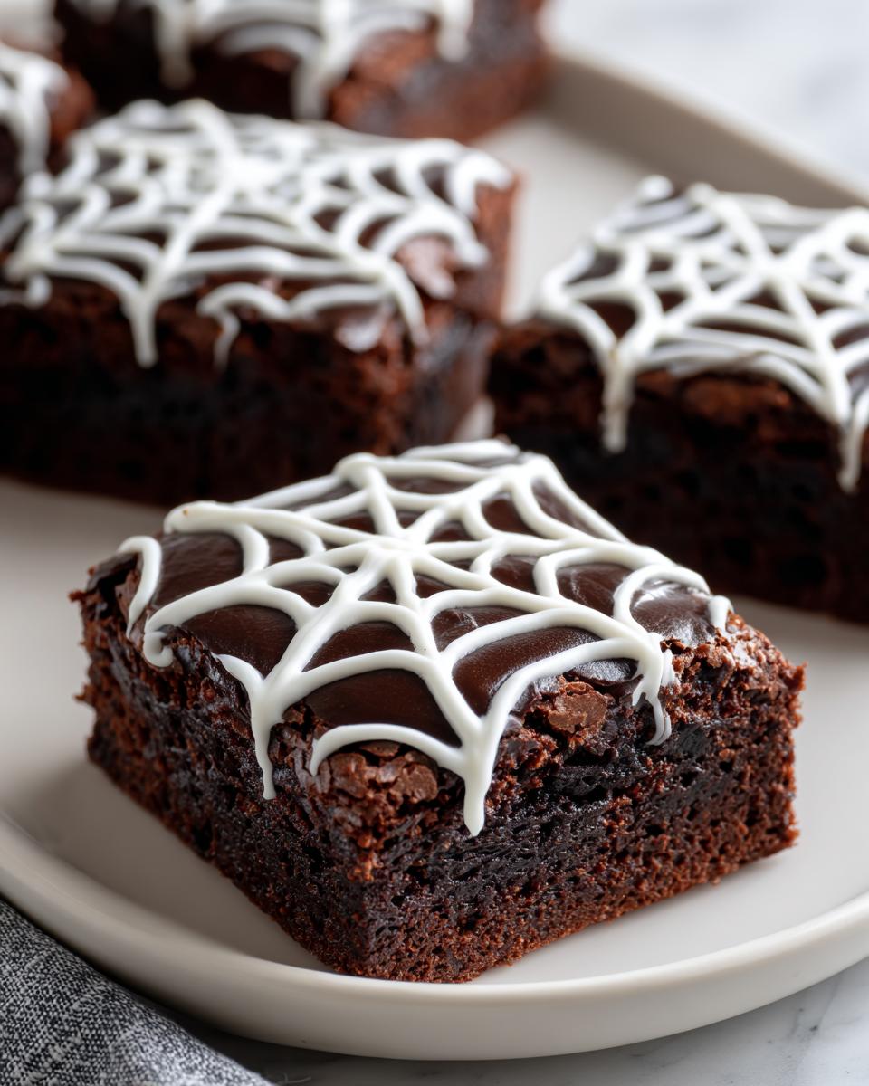 Close-up of a fudgy spider web brownie, decorated with white icing in a spider web pattern.