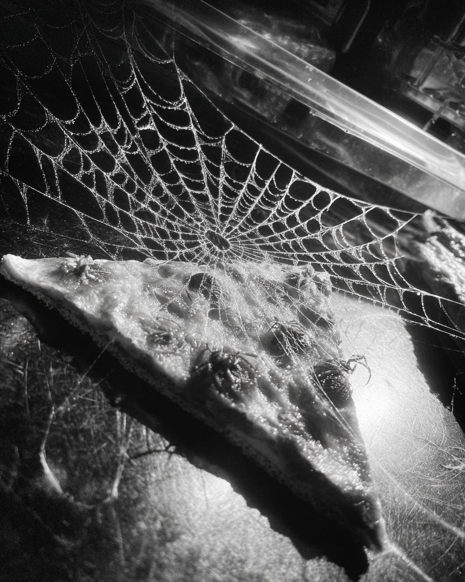 A slice of spider web taco dip decorated with a realistic spider web and small plastic spiders for Halloween.