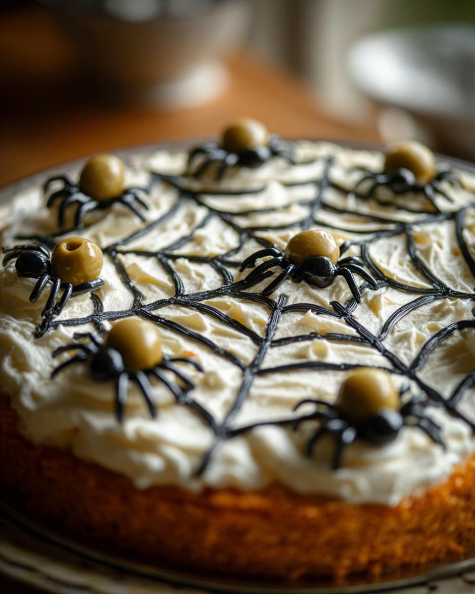 A close-up of a spider web taco dip decorated with black icing and olive spiders for Halloween.