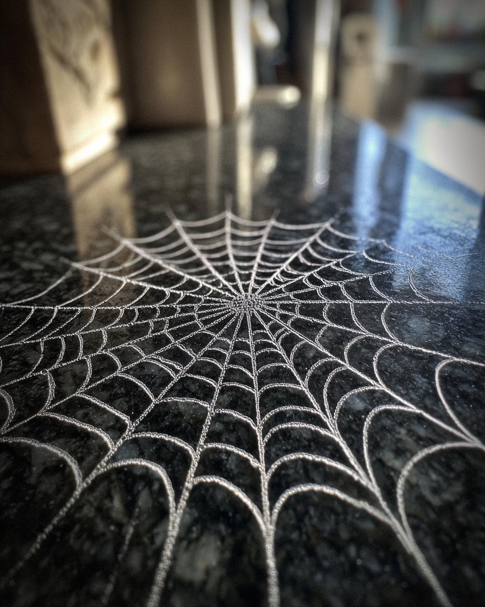 A detailed spider web design made with white ingredients on a dark surface, perfect for a Halloween spider web taco dip.