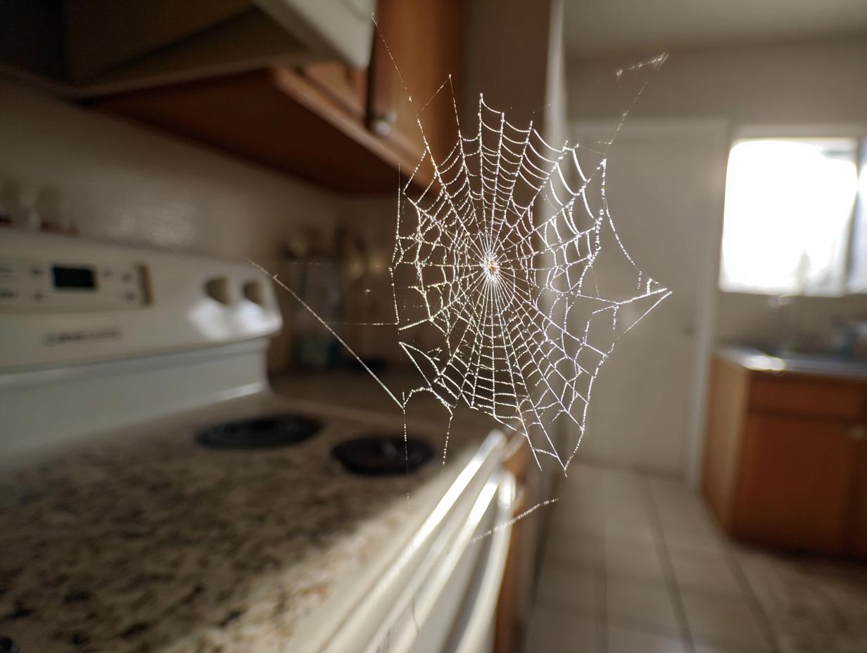 A realistic spider web hangs in a kitchen, hinting at the Spider Web Taco Dip Halloween treat.