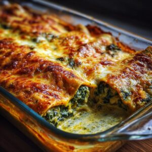 Close-up of bubbling spinach enchiladas topped with golden melted cheese in a glass baking dish.