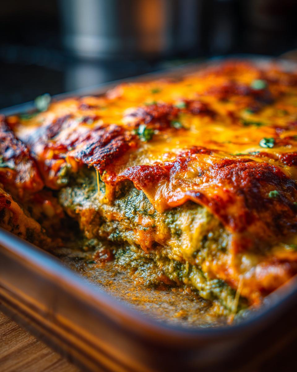 Close-up of baked spinach enchiladas in a dish, covered in melted cheese and red sauce.
