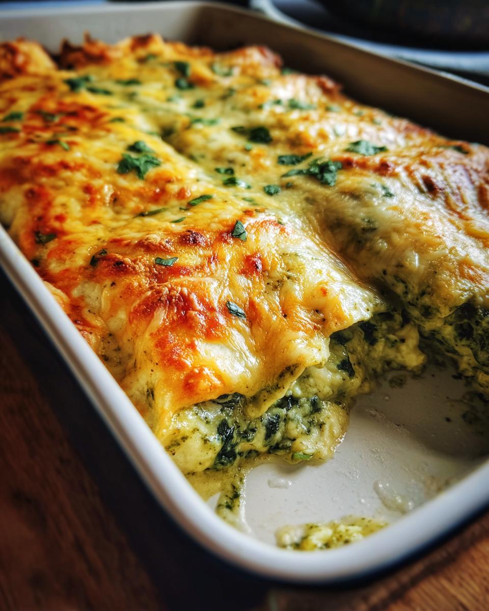 Close-up of freshly baked spinach enchiladas covered in melted golden cheese and sprinkled with parsley.
