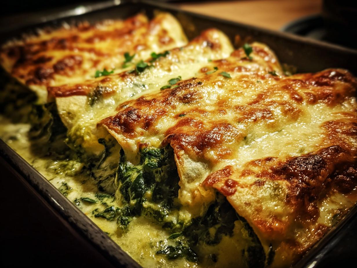 Close-up of baked spinach enchiladas topped with golden melted cheese and garnished with parsley.
