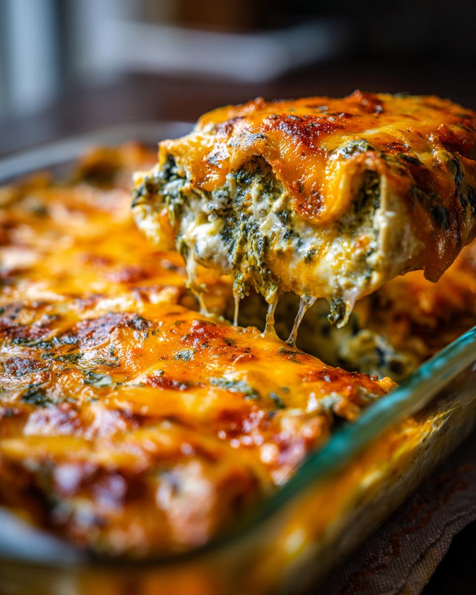 A serving spoon lifts a cheesy portion of delicious spinach enchiladas from a baking dish.