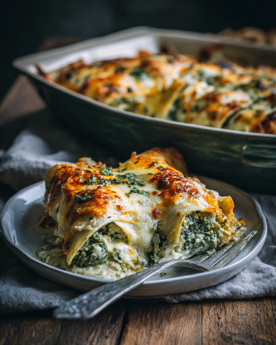 A close-up of a serving of spinach enchiladas, covered in melted cheese and herbs, with a fork ready to dig in.