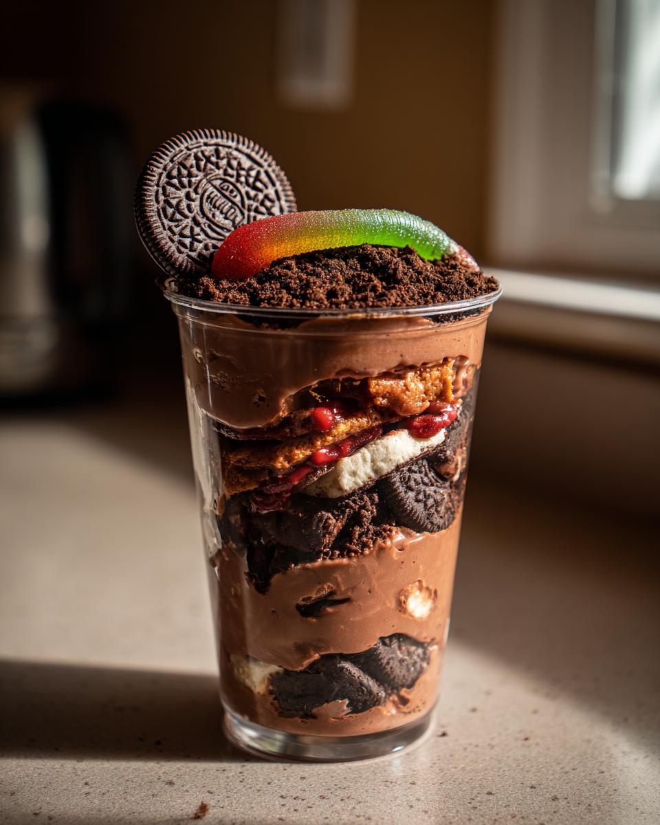 Close-up of a spooky dirt pudding cup layered with chocolate pudding, crushed Oreos, and a gummy worm.