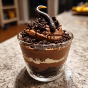 Close-up of a Halloween Dirt Pudding Cup layered with chocolate pudding, cream, and crushed Oreos, topped with a gummy worm.
