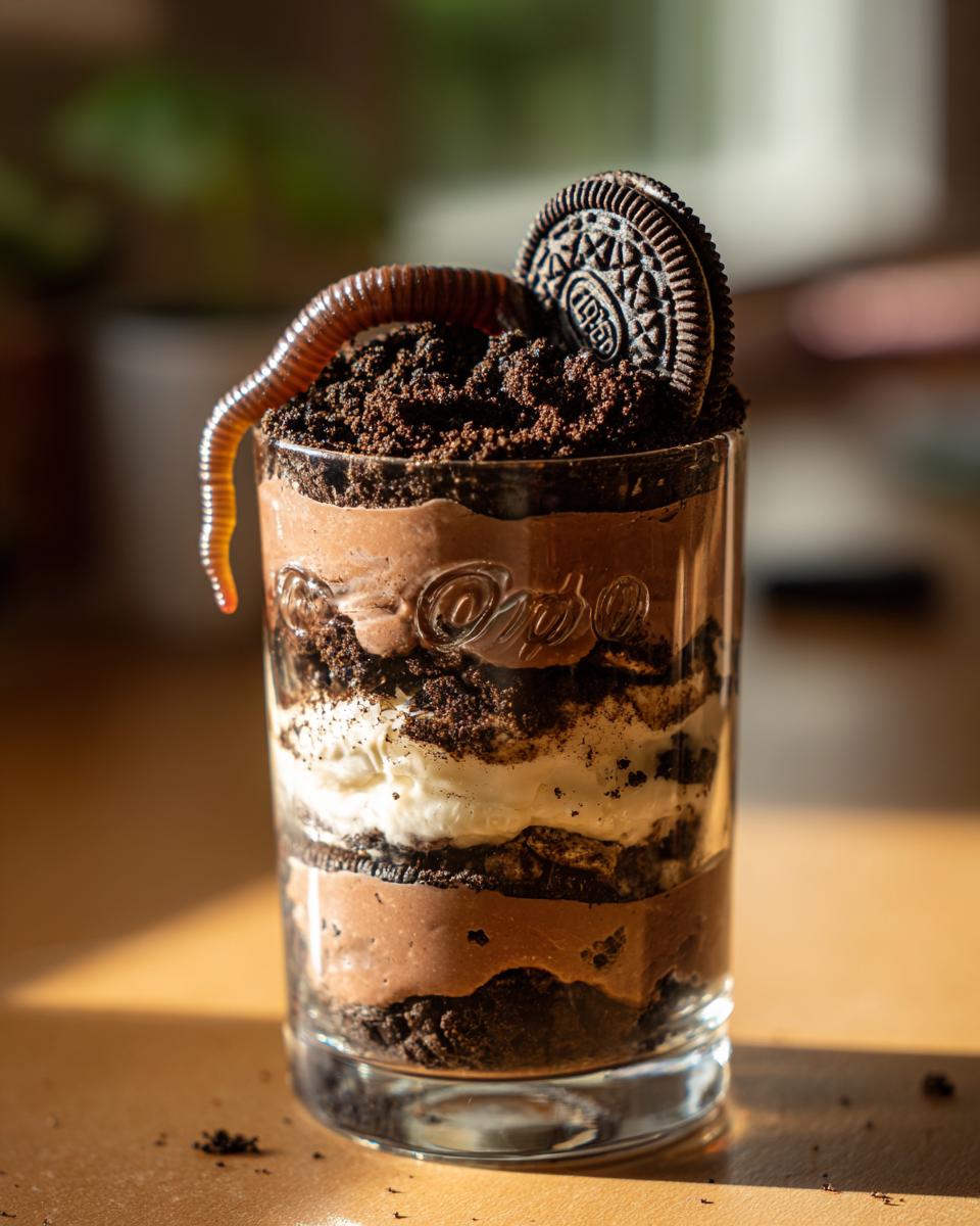 A close-up of a Halloween dirt pudding cup with layers of chocolate pudding, crushed Oreos, and whipped cream, topped with a gummy worm and an Oreo cookie.