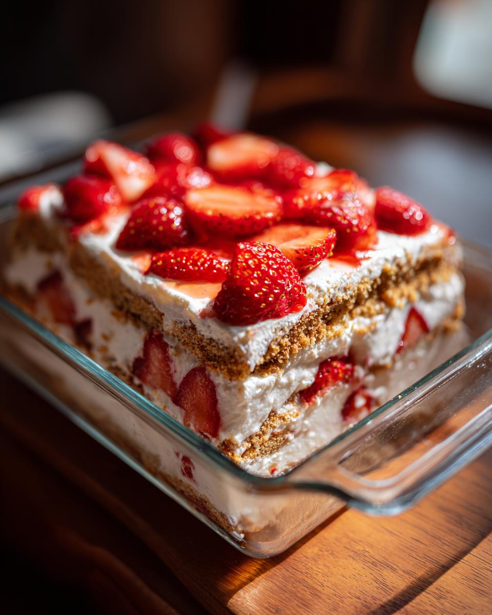 A delicious Strawberry Icebox Cake layered with whipped cream and graham crackers, topped with fresh sliced strawberries.