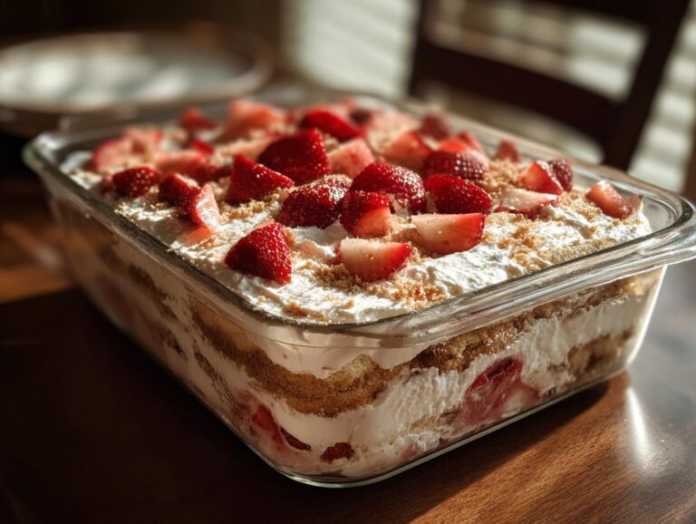 A delicious Strawberry Icebox Cake in a glass dish, layered with whipped cream, strawberries, and graham crackers.
