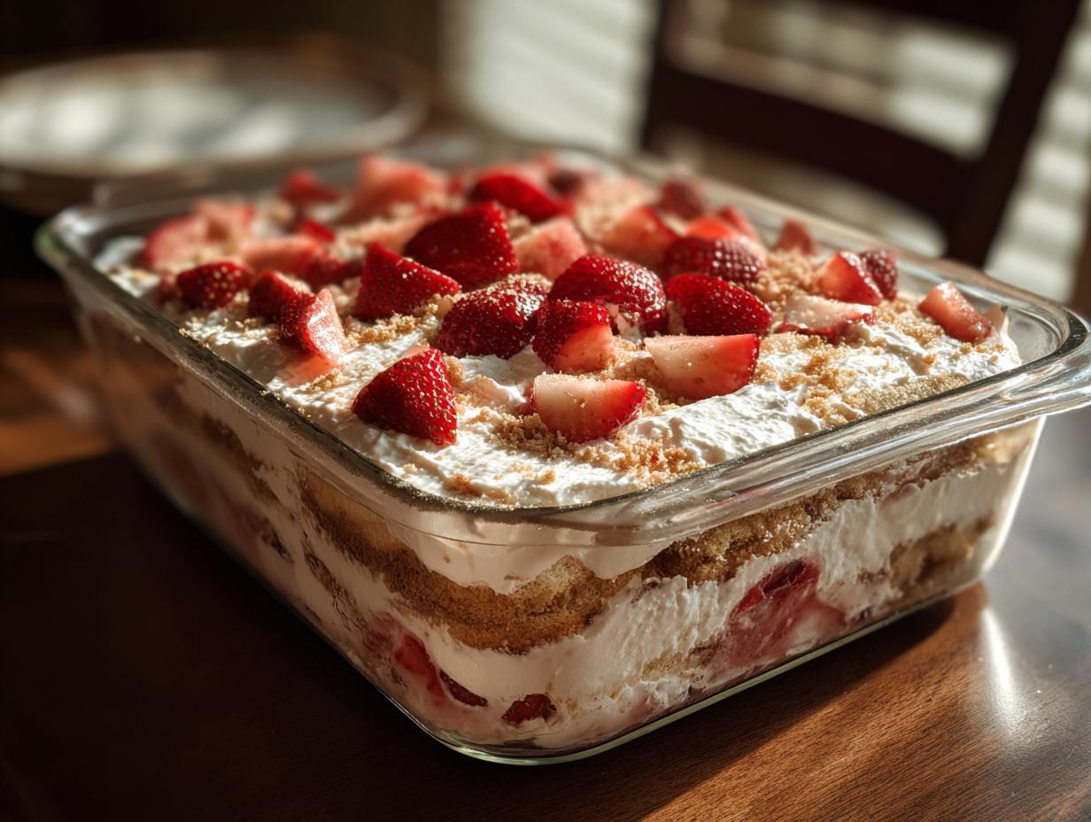 A delicious Strawberry Icebox Cake in a glass dish, layered with whipped cream, strawberries, and graham crackers.