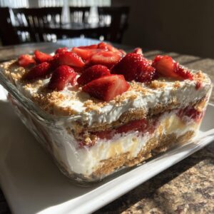 A close-up of a Strawberry Icebox Cake in a glass dish, topped with whipped cream and fresh strawberries.