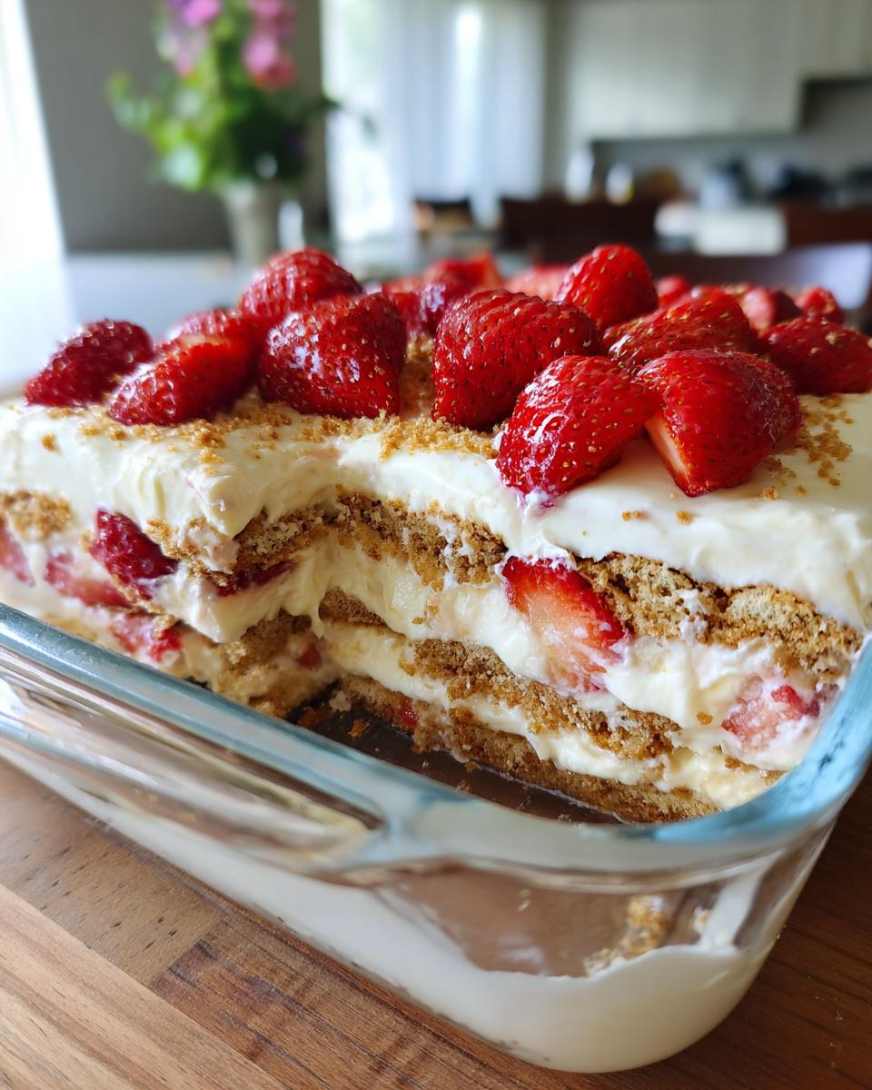 A close-up of a Strawberry Icebox Cake in a glass dish, layered with cream, graham crackers, and fresh strawberries.