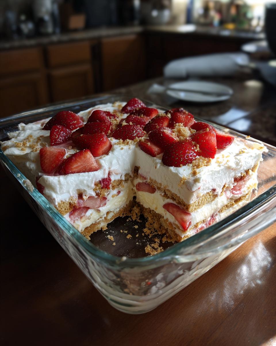 A delicious Strawberry Icebox Cake topped with whipped cream and fresh strawberries, with a slice removed.