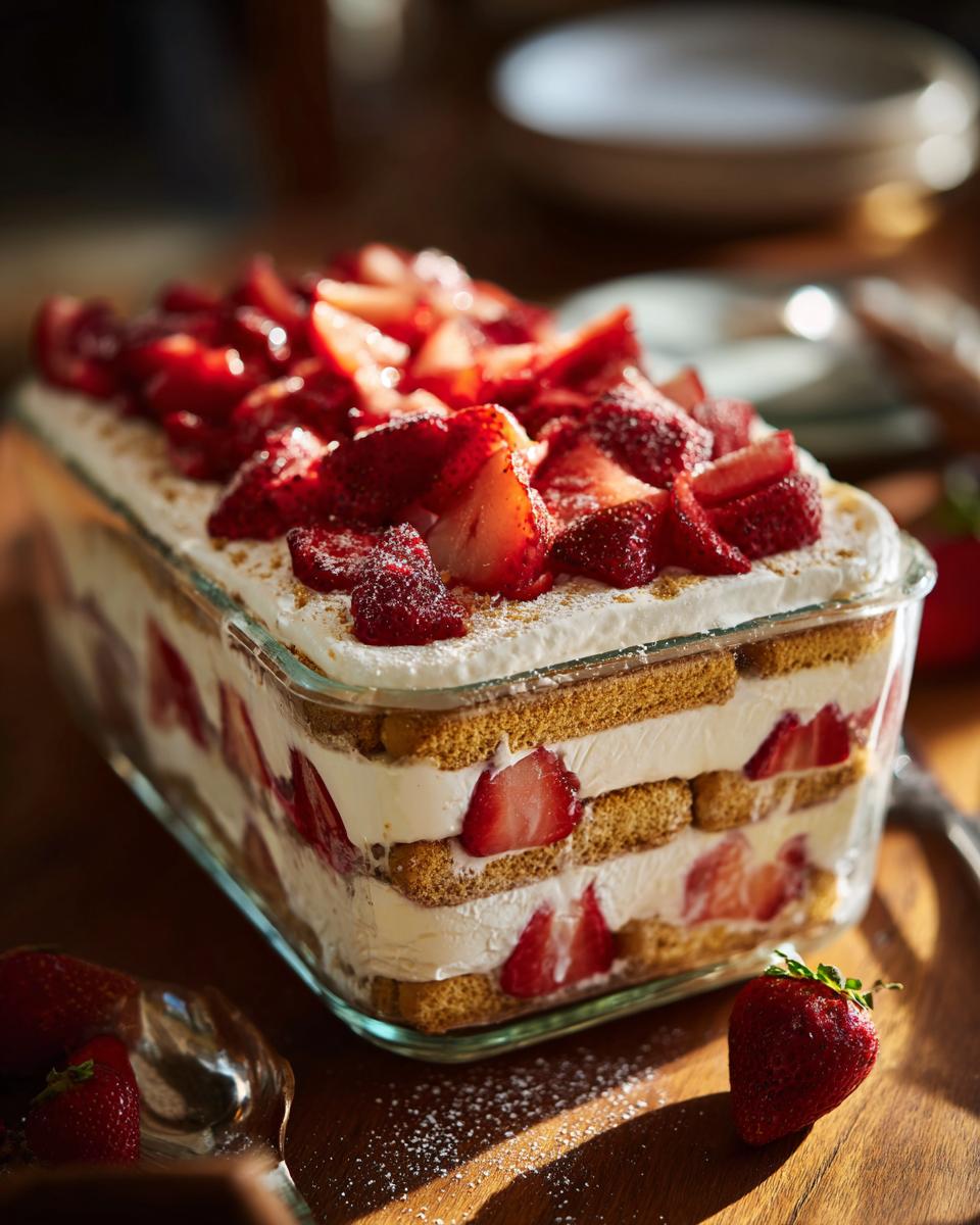 A beautiful Strawberry Icebox Cake layered with cream, cookies, and fresh strawberries in a glass dish.