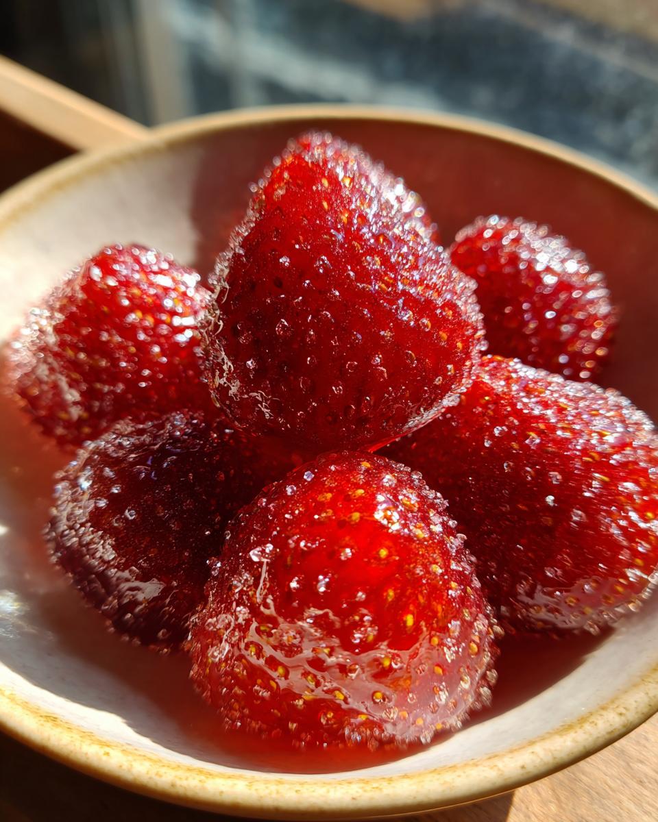 A close-up shot of glistening Strawberry Tanghulu in a bowl, showcasing the hard candy coating.