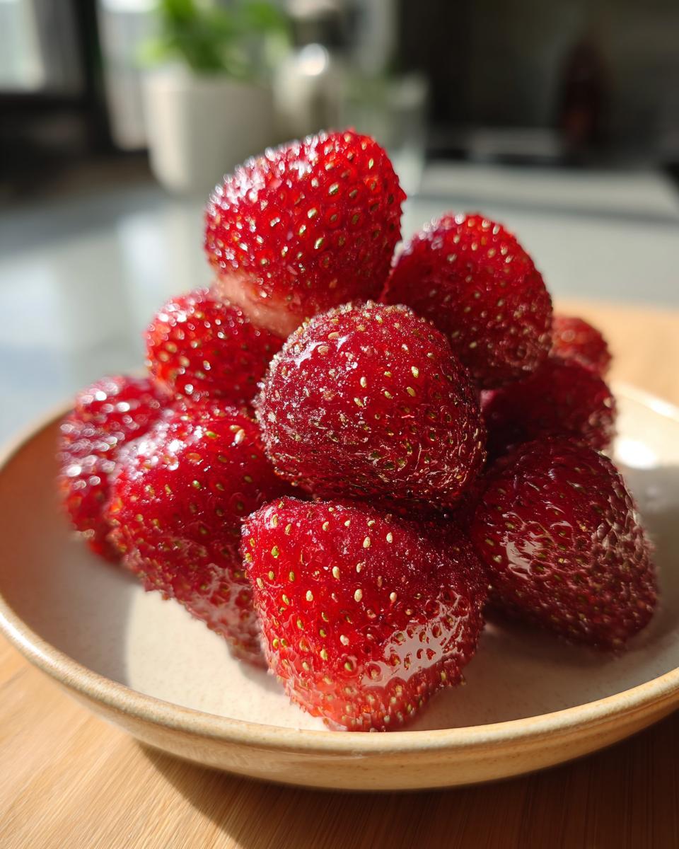 A close-up of a pile of glistening Strawberry Tanghulu on a light brown plate, ready to eat.