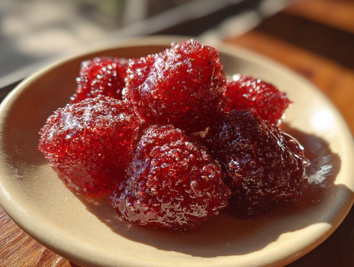 Close-up of glistening Strawberry Tanghulu, coated in a hard candy shell, served on a light brown plate.