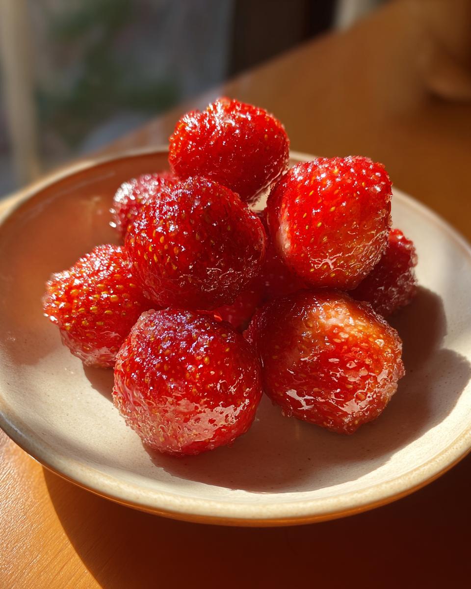 A close-up of glistening Strawberry Tanghulu piled on a light brown plate, catching the sunlight.