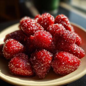 Close-up of a pile of glistening Strawberry Tanghulu, coated in sugar crystals.