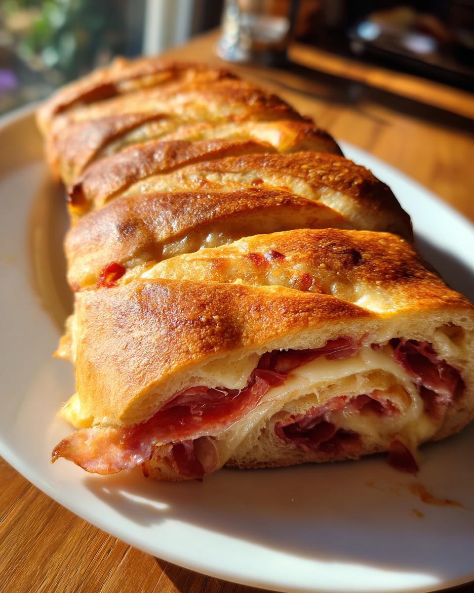 A close-up of a sliced Stromboli filled with ham and melted cheese, showcasing its golden-brown crust.