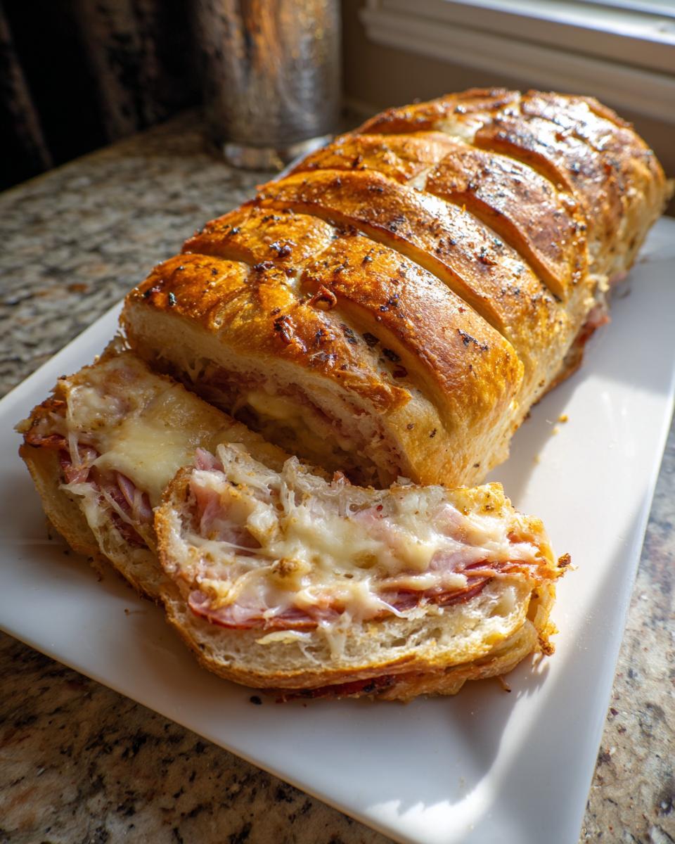 A close-up of a sliced Stromboli filled with ham, cheese, and herbs, showcasing its golden-brown crust.