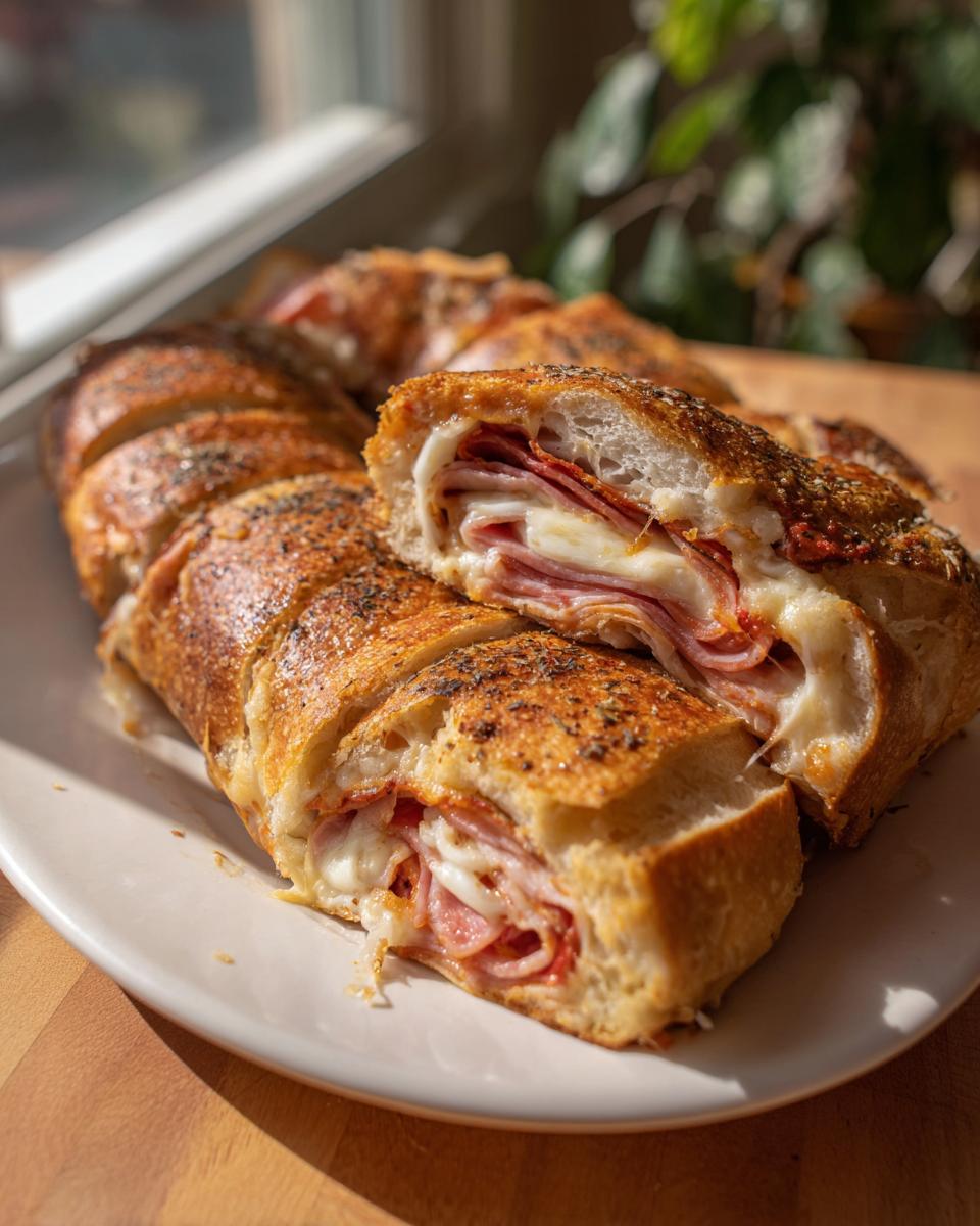 A close-up of a sliced Stromboli filled with ham, pepperoni, and melted cheese.