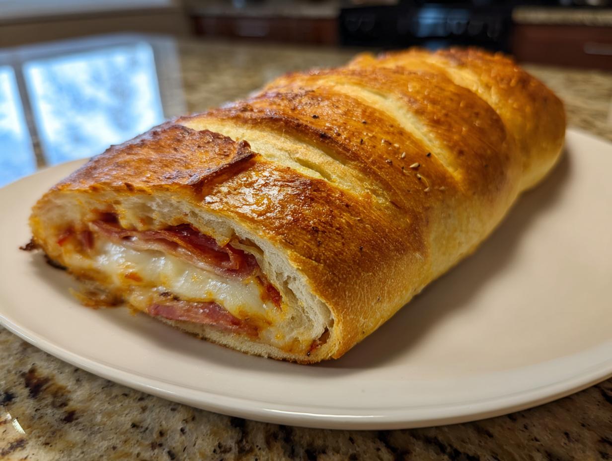 A golden-brown Stromboli sliced open to reveal melted cheese and pepperoni inside.