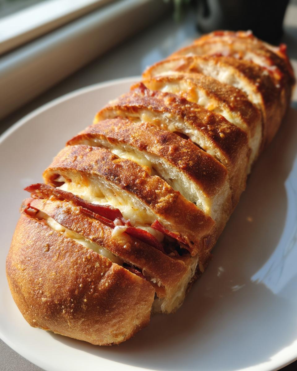 Close-up of sliced Stromboli on a white plate, showing layers of melted cheese and pepperoni.