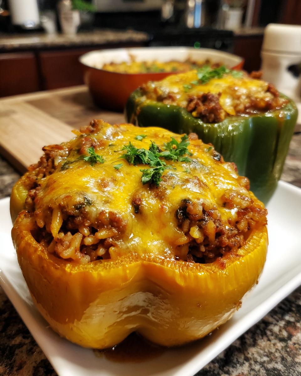 Close-up of a golden stuffed bell pepper filled with meat and rice, topped with melted cheese and parsley.