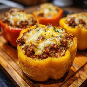 Close-up of golden yellow stuffed bell peppers filled with seasoned ground meat and rice, topped with melted cheese and parsley.