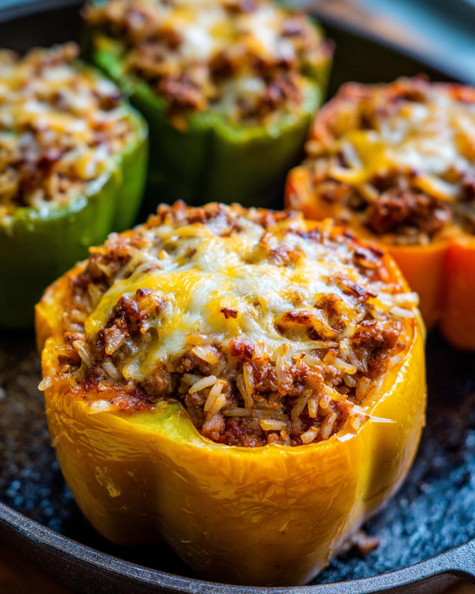 Close-up of golden yellow stuffed bell peppers topped with melted cheese, ready to serve.