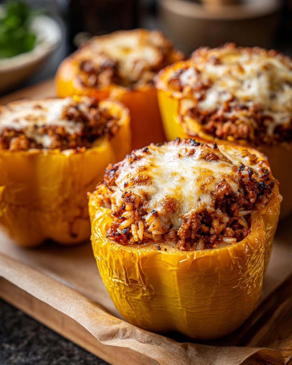 Close-up of golden yellow stuffed bell peppers filled with seasoned meat and rice, topped with melted cheese.