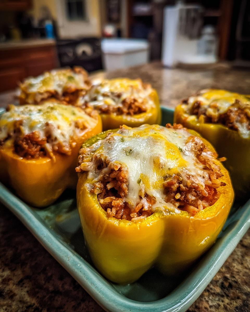 Close-up of delicious stuffed bell peppers topped with melted cheese and herbs, ready to serve.
