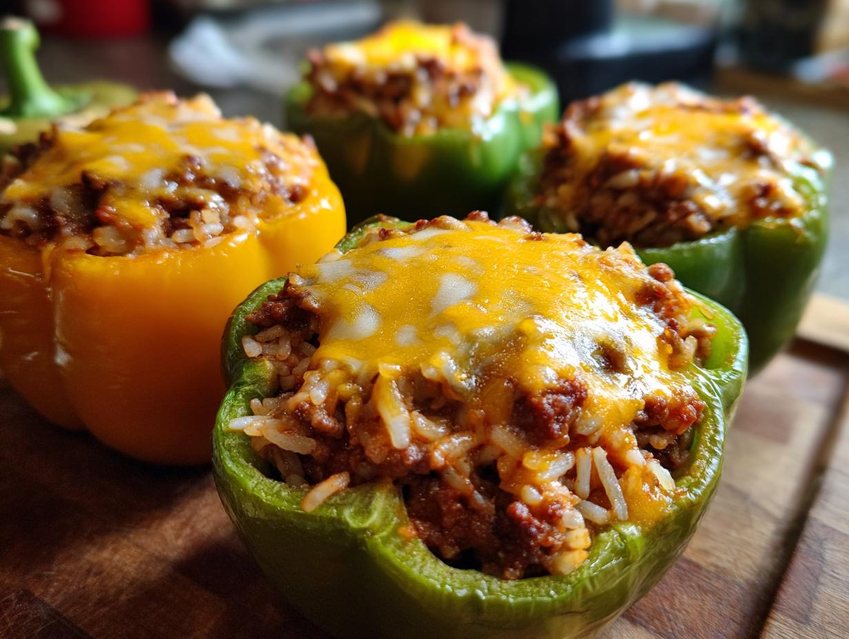 Close-up of colorful stuffed bell peppers, generously filled with a savory mixture and topped with melted cheese.
