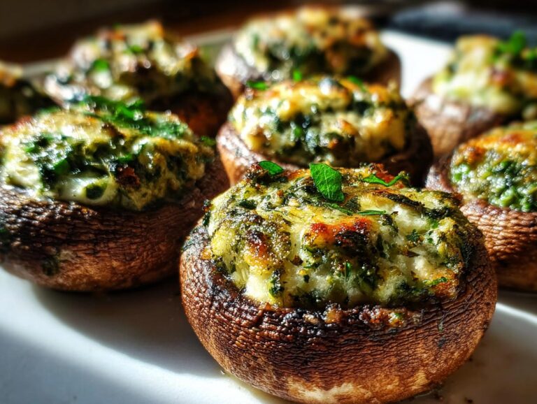 Close-up of delicious stuffed mushrooms, filled with a creamy green mixture and herbs.