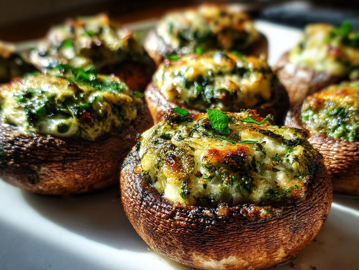 Close-up of delicious stuffed mushrooms, filled with a creamy green mixture and herbs.