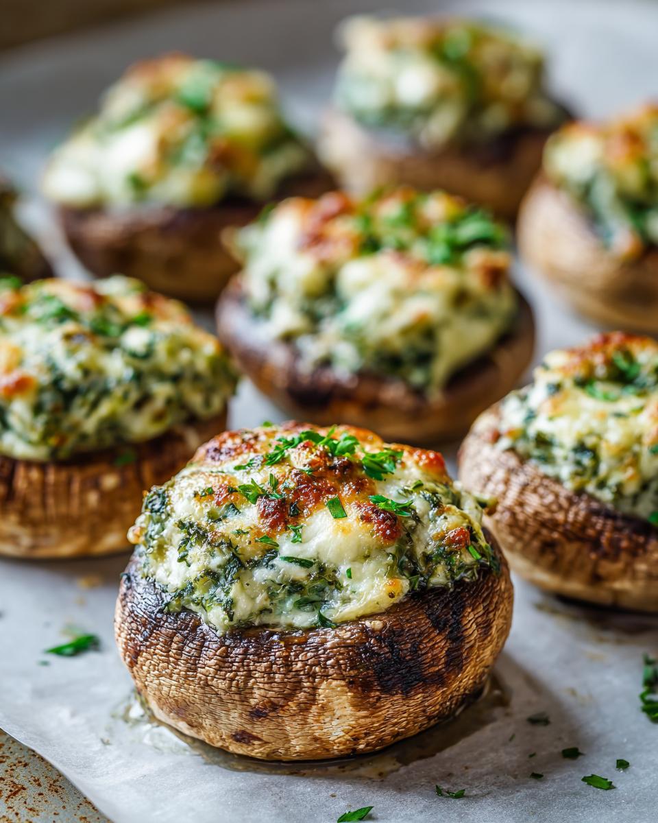 Close-up of baked stuffed mushrooms filled with creamy cheese and green herbs, a perfect appetizer.