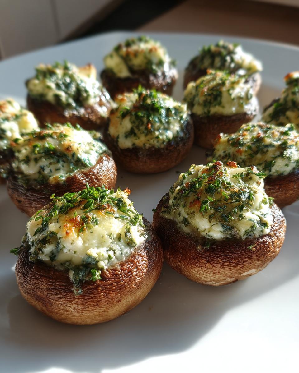 A close-up of several delicious stuffed mushrooms, generously filled with a creamy mixture and topped with fresh parsley.