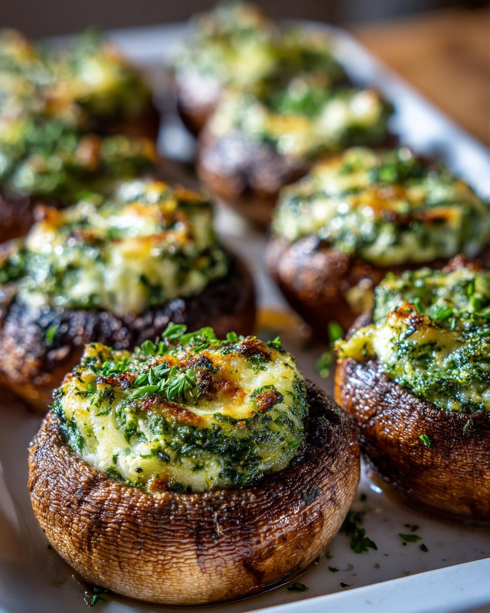 Close-up of baked stuffed mushrooms filled with a creamy mixture and sprinkled with fresh green herbs.